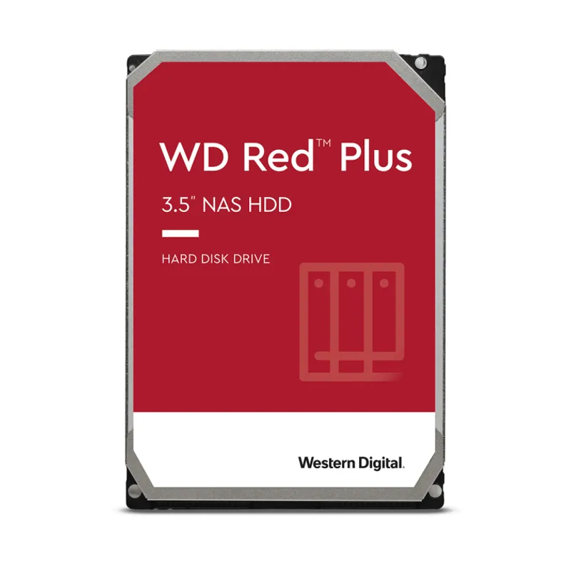 WD Red Plus 3,5-Zoll-NAS-Festplatte von Western Digital mit roter Beschriftung und silbernem Gehäuse in Draufsicht für