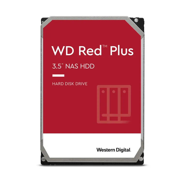 WD Red Plus 3,5-Zoll-NAS-Festplatte von Western Digital mit roter Beschriftung und silbernem Gehäuse in Draufsicht für WD Red Plus 3,5-Zoll-NAS-Festplatte von Western Digital mit roter Beschriftung und silbernem Gehäuse in Draufsicht für