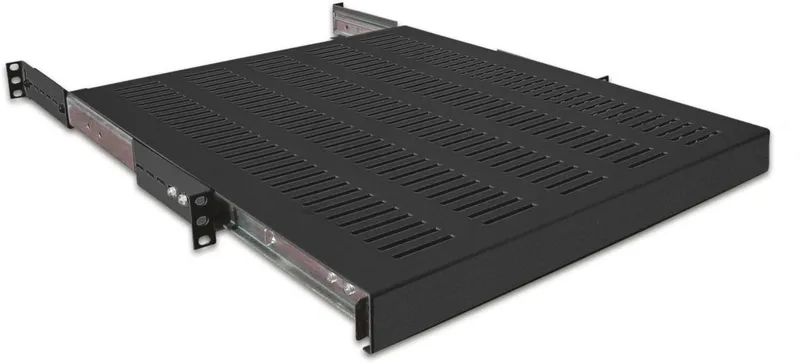 19-Zoll 1HE ausziehbarer Fachboden schwarz mit perforierter Oberfläche und Schienen in 3/4-Ansicht für Rack-Montage bis 35
