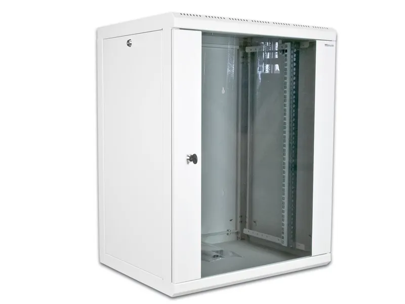 19-inch wall-mount network cabinet with transparent glass door, showing vertical mounting rails and white metal frame in a