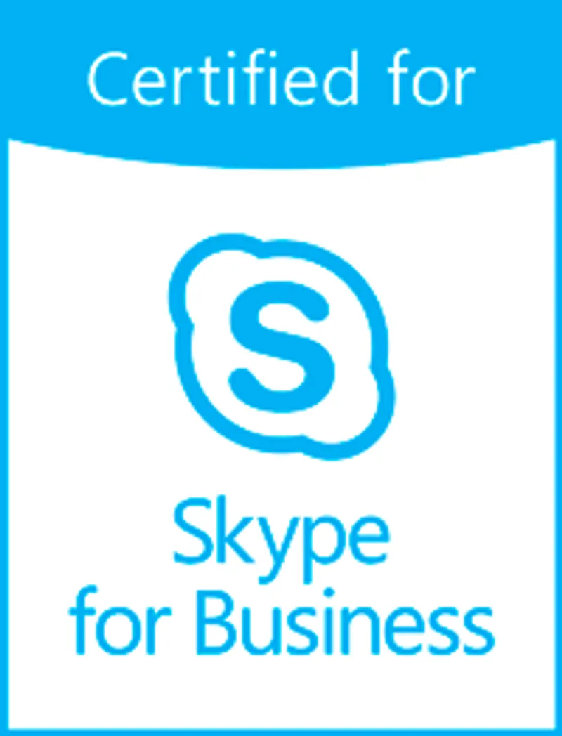 Sello de certificación azul y blanco Certified for Skype for Business con logo de Skype para equipos de videoconferencia
