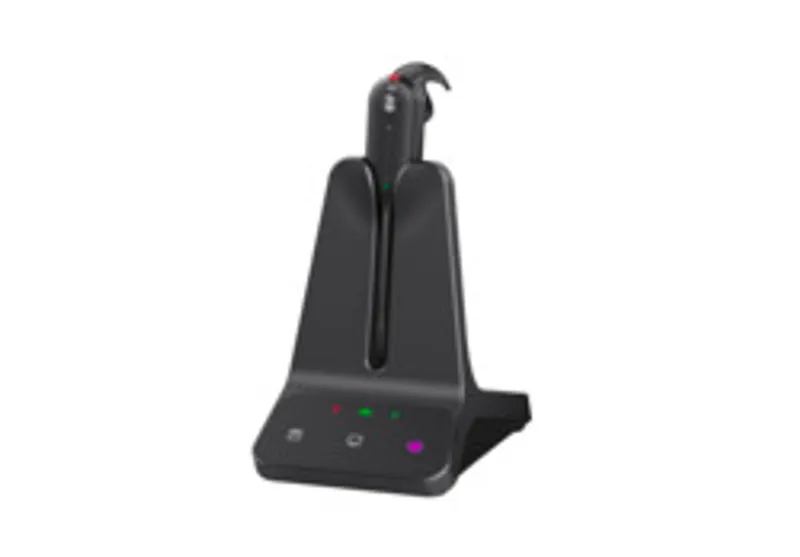 Auricolare Yealink WH63 E2 UC nero in base di ricarica con tre pulsanti LED rosso verde e viola per mute chiamate e pairing.
