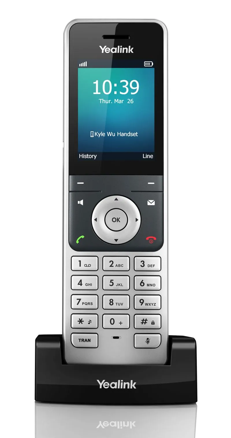 Беспроводной DECT-телефон Yealink W56H в зарядной базе с цветным дисплеем и кнопками управления на передней панели
