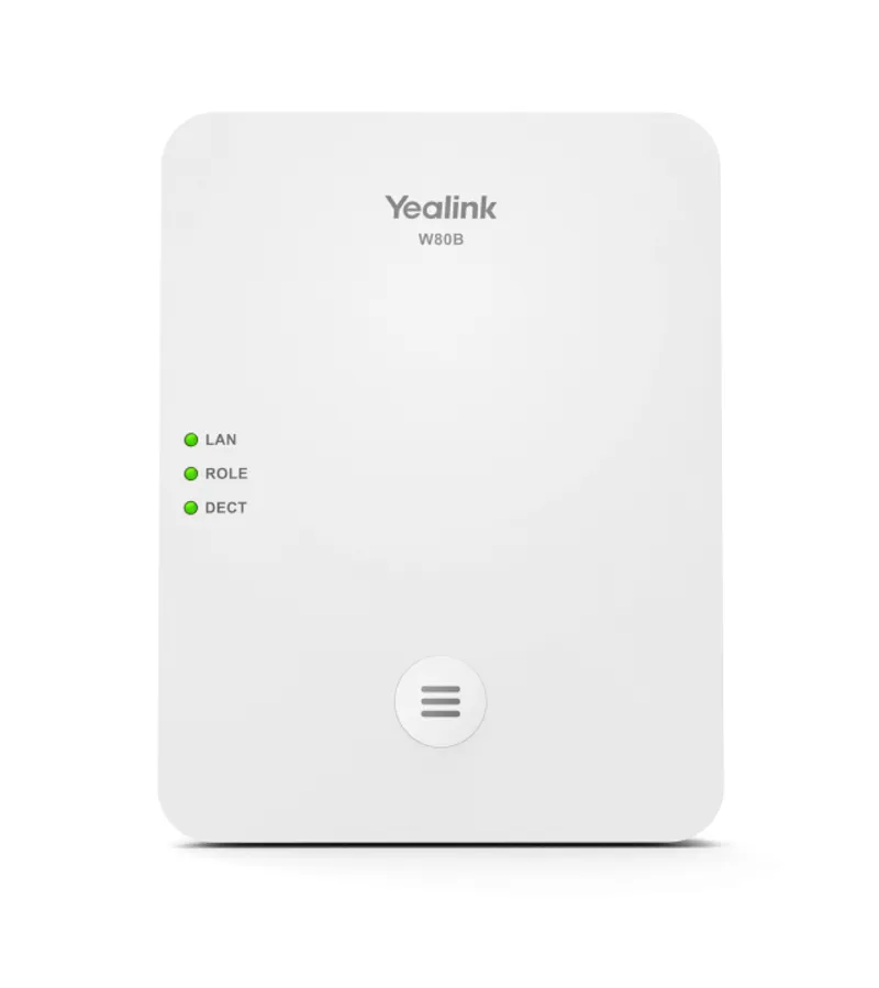 Белая базовая станция Yealink W80B для DECT-систем с логотипом, тремя светодиодами LAN ROLE DECT и кнопкой меню на передней