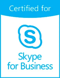 Sistema de conferencias Yealink CP900 certificado para Skype for Business con logo de aprobación en fondo blanco y azul