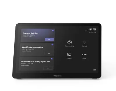 Yealink MTouch Plus touchscreen controller displaying a Microsoft Teams meeting schedule with join options and navigation