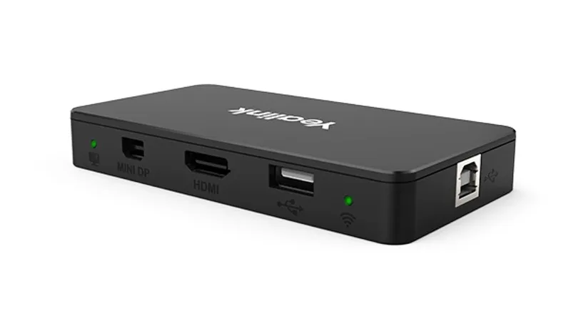 Yealink MShare Adapter für Inhaltsfreigabe in Schwarz mit Mini DP, HDMI, USB und Ethernet-Anschlüssen sowie grünen