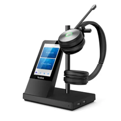 Casque Yealink DECT WH66 Dual UC noir avec écran tactile et support de charge sur fond blanc.