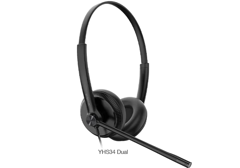 Чёрная гарнитура Yealink YHS34 Lite Dual с микрофоном на гибком держателе и мягкими амбушюрами на белом фоне