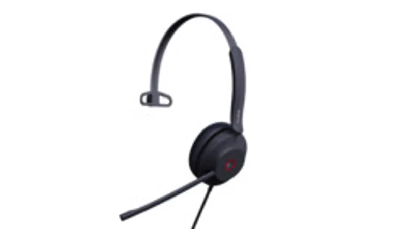 Auriculares Yealink UH37 Mono Teams USB-C/A, vista lateral mostrando banda ajustable, auricular circular con detalle rojo,