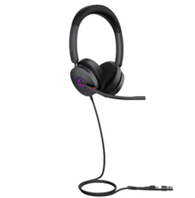 Yealink Headset UH48 Dual UC USB-C/A, black over-ear headset with purple illuminated rings, side view showing padded