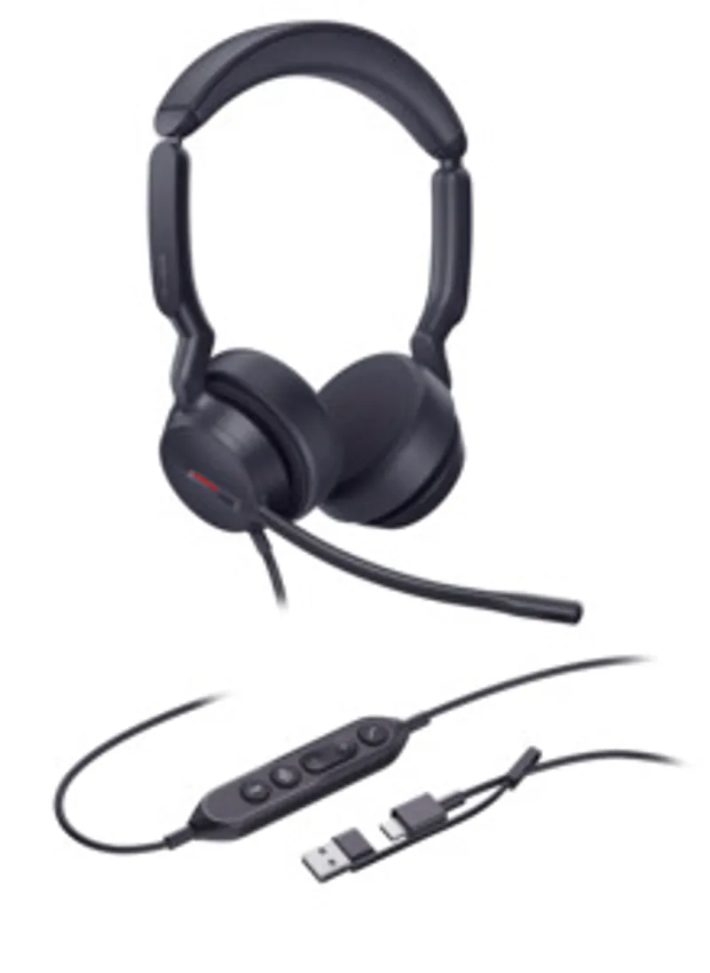 Auriculares Yealink UH44 Dual Teams USB-C/A, mostrando el auricular negro con micrófono flexible y anillo rojo, flotando