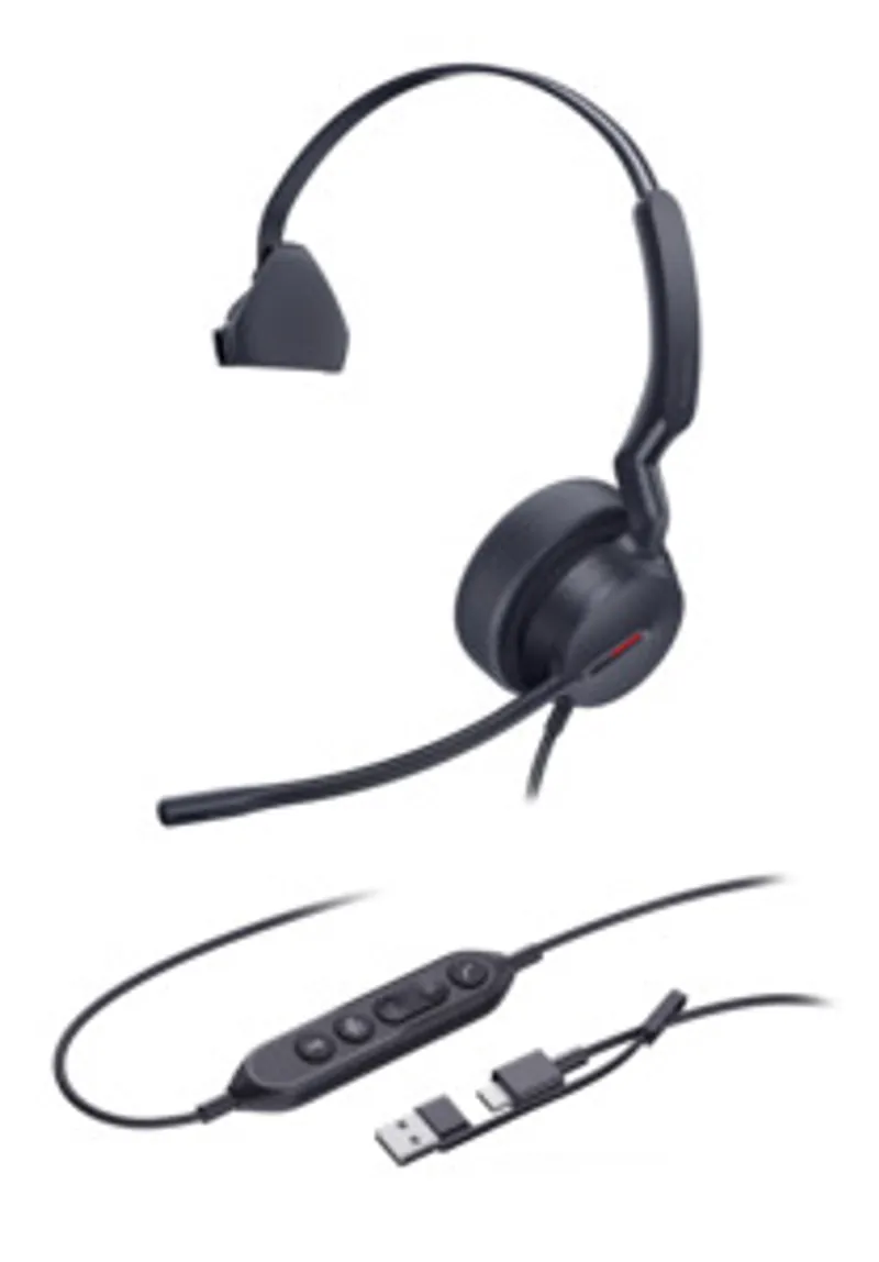 Auriculares Yealink UH44 Mono Teams USB-C/A, vista superior del auricular negro con micrófono flexible y mando de tres
