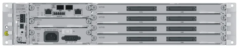 ZTE DSLAM ZXDSL 9806V 64 core, vista frontale chassis rack-mount con moduli verticali e line cards, cavo utente 2m.