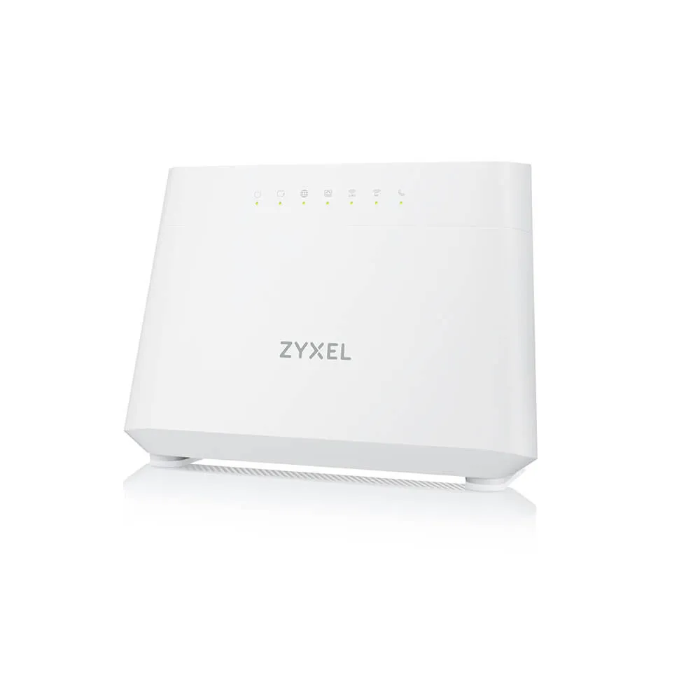 Routeur Zyxel DX3301-T0 VDSL2 AX1800 blanc en vue frontale avec logo et voyants LED verts allumés sur surface réfléchissante. Routeur Zyxel DX3301-T0 VDSL2 AX1800 blanc en vue frontale avec logo et voyants LED verts allumés sur surface réfléchissante.