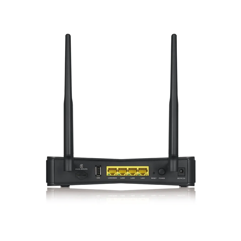 Routeur LTE Zyxel LTE3301-PLUS noir vu de l’arrière avec deux antennes verticales, port micro-SIM, USB, 4 ports Ethernet