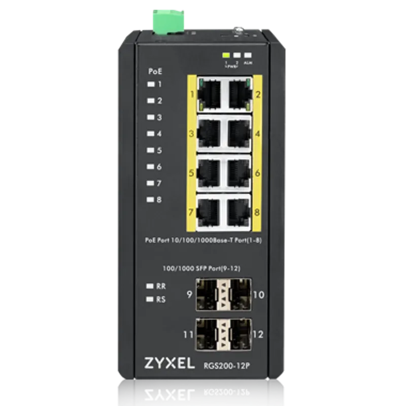 Zyxel Switch RGS200-12P управляемый PoE коммутатор с 12 портами GE 8 RJ45 и 4 SFP слотами черный корпус с индикаторами и