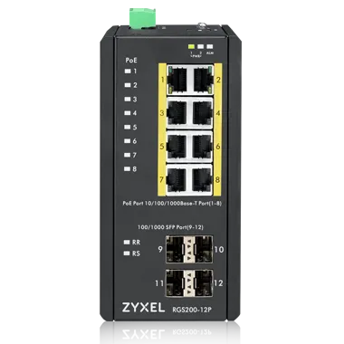 Zyxel Switch RGS200-12P управляемый PoE коммутатор с 12 портами GE 8 RJ45 и 4 SFP слотами черный корпус с индикаторами и Zyxel Switch RGS200-12P управляемый PoE коммутатор с 12 портами GE 8 RJ45 и 4 SFP слотами черный корпус с индикаторами и