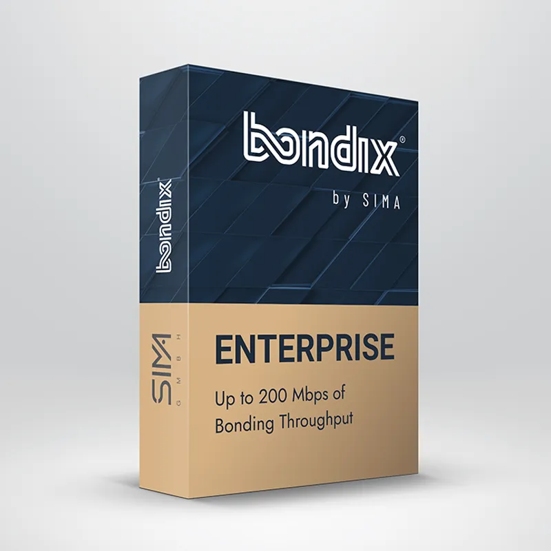 Scatola abbonamento Enterprise 200 Mbps per 24 mesi con design bicolore blu e beige e logo Bondix per connessione ad alta