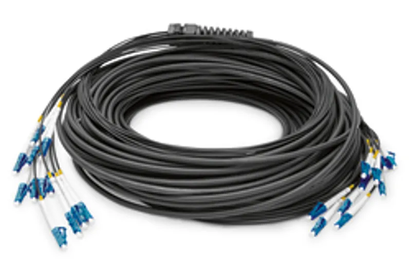 Câble fibre optique DIGITUS LWL LC->UPC 75m OS2 préconfectionné enroulé en spirale avec connecteurs bleus LC sur fond blanc.