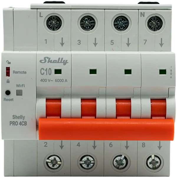 Shelly · Smarter Leitungsschutzschalter · "Pro 4CB C10" · 4-polig · 10A · Fernsteuerung · LAN · WLAN · Bluetooth