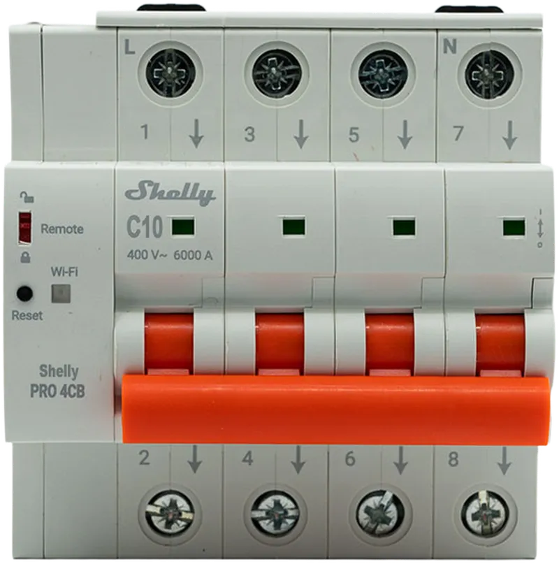 Shelly · Smarter Leitungsschutzschalter · "Pro 4CB C10" · 4-polig · 10A · Fernsteuerung · LAN · WLAN · Bluetooth