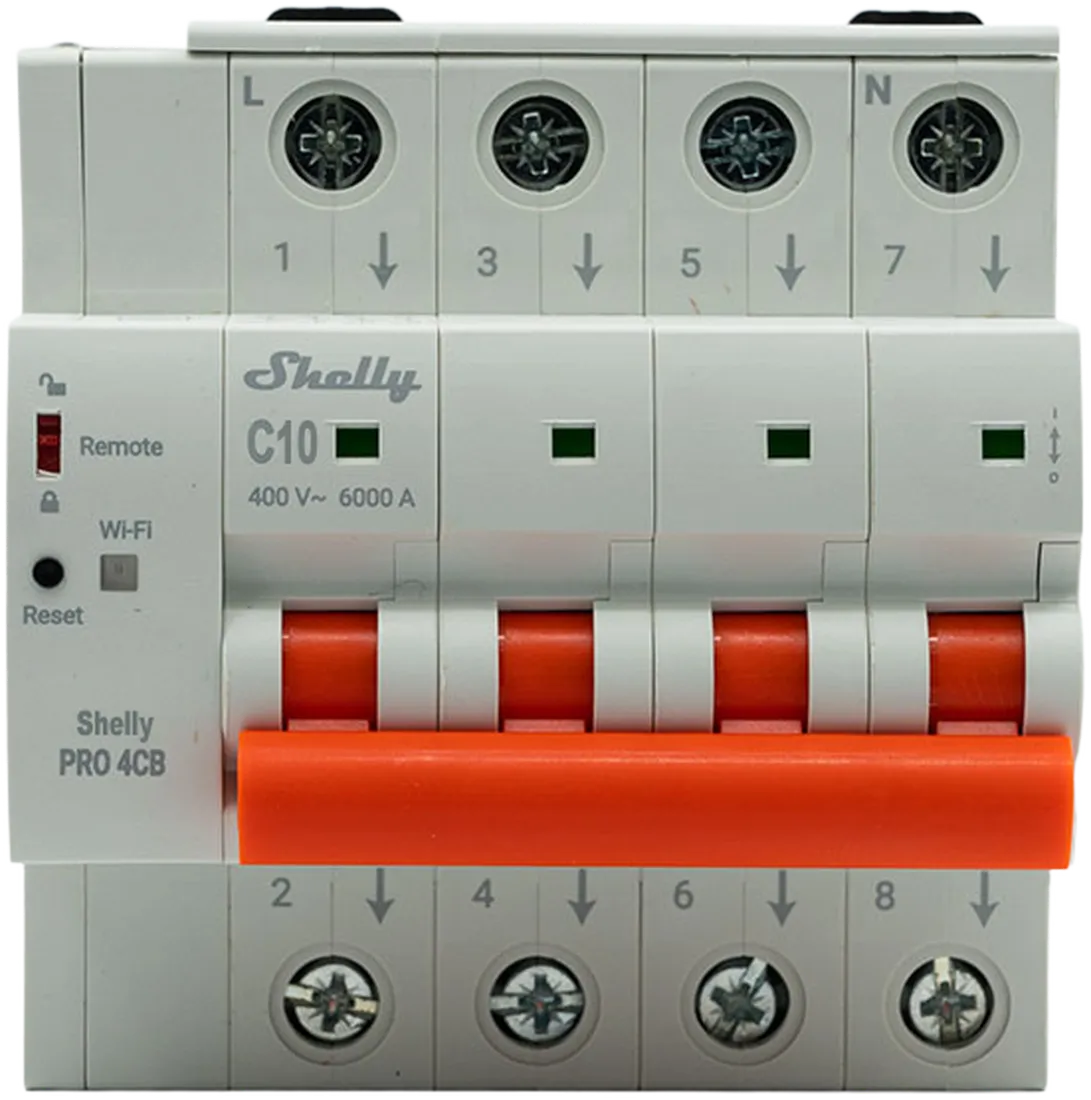 Shelly · Smarter Leitungsschutzschalter · "Pro 4CB C10" · 4-polig · 10A · Fernsteuerung · LAN · WLAN · Bluetooth Shelly · Smarter Leitungsschutzschalter · "Pro 4CB C10" · 4-polig · 10A · Fernsteuerung · LAN · WLAN · Bluetooth