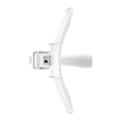 Punto de acceso TP-Link Omada WL-AP Beam Bridge 5 UR KIT visto desde atrás con soporte de montaje, antenas curvas y LEDs Punto de acceso TP-Link Omada WL-AP Beam Bridge 5 UR KIT visto desde atrás con soporte de montaje, antenas curvas y LEDs