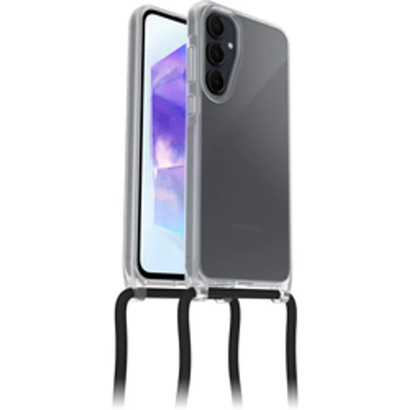 OtterBox React Halskette für Samsung Galaxy A55 5G mit klarem Schutzcase und schwarzem Trageband in 3/4-Ansicht.