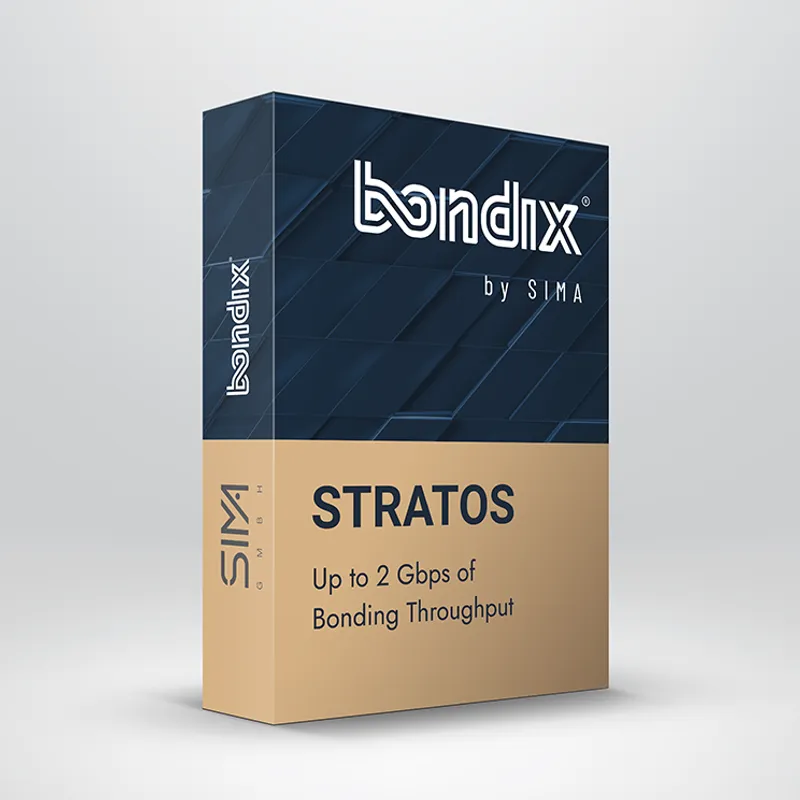 Caja de Stratos 2 Gbps 36 meses con diseño azul y beige mostrando rendimiento de hasta 2 Gbps en conectividad de bonding.