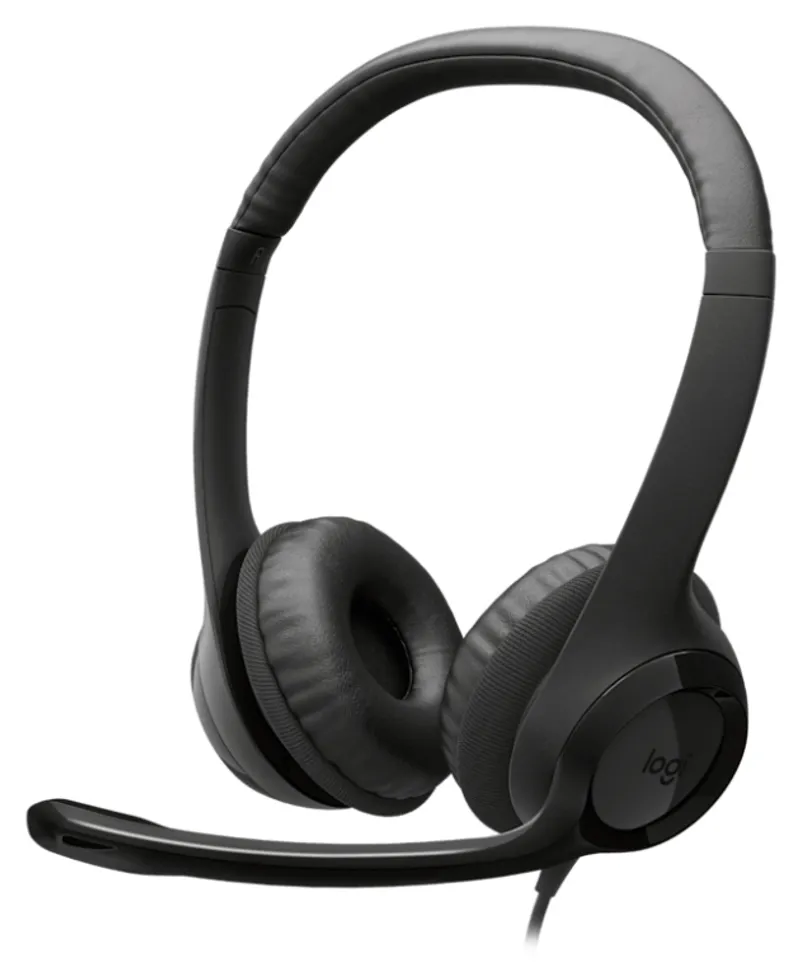Auriculares Logitech H390 USB-C estéreo en negro con diadema acolchada, almohadillas suaves y micrófono ajustable en vista